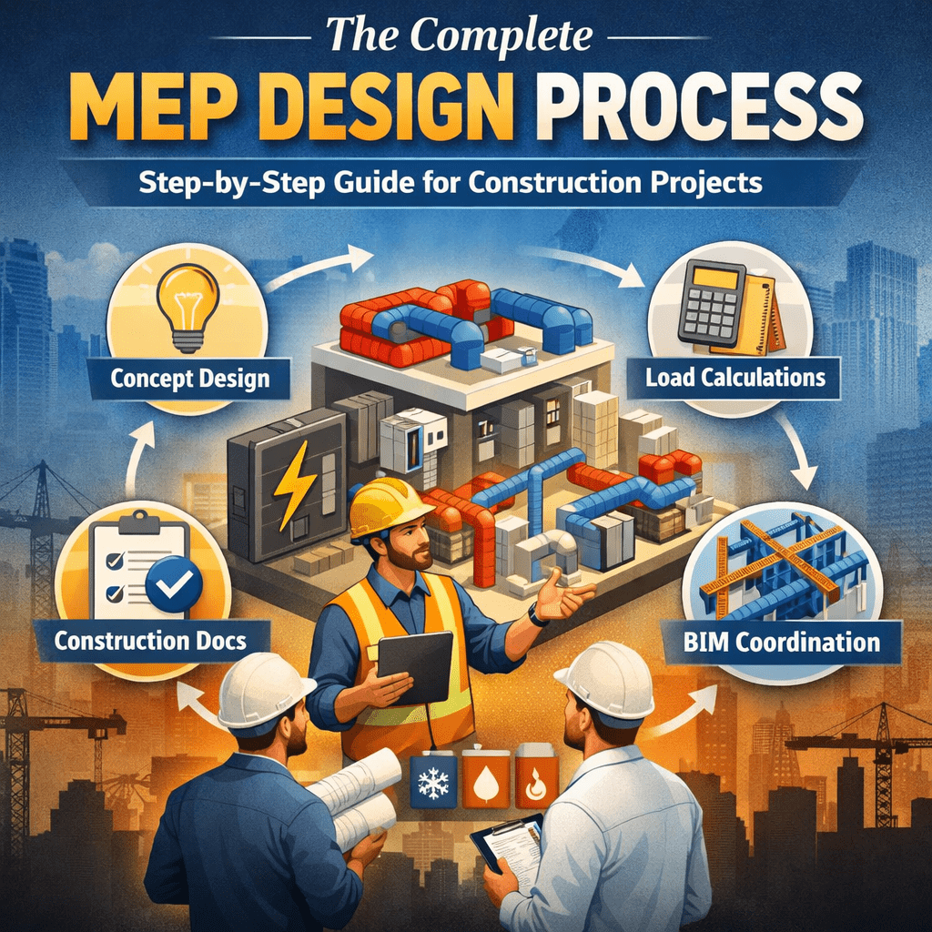 complete MEP design process infographic showing concept design, load calculations, BIM coordination and construction documentation