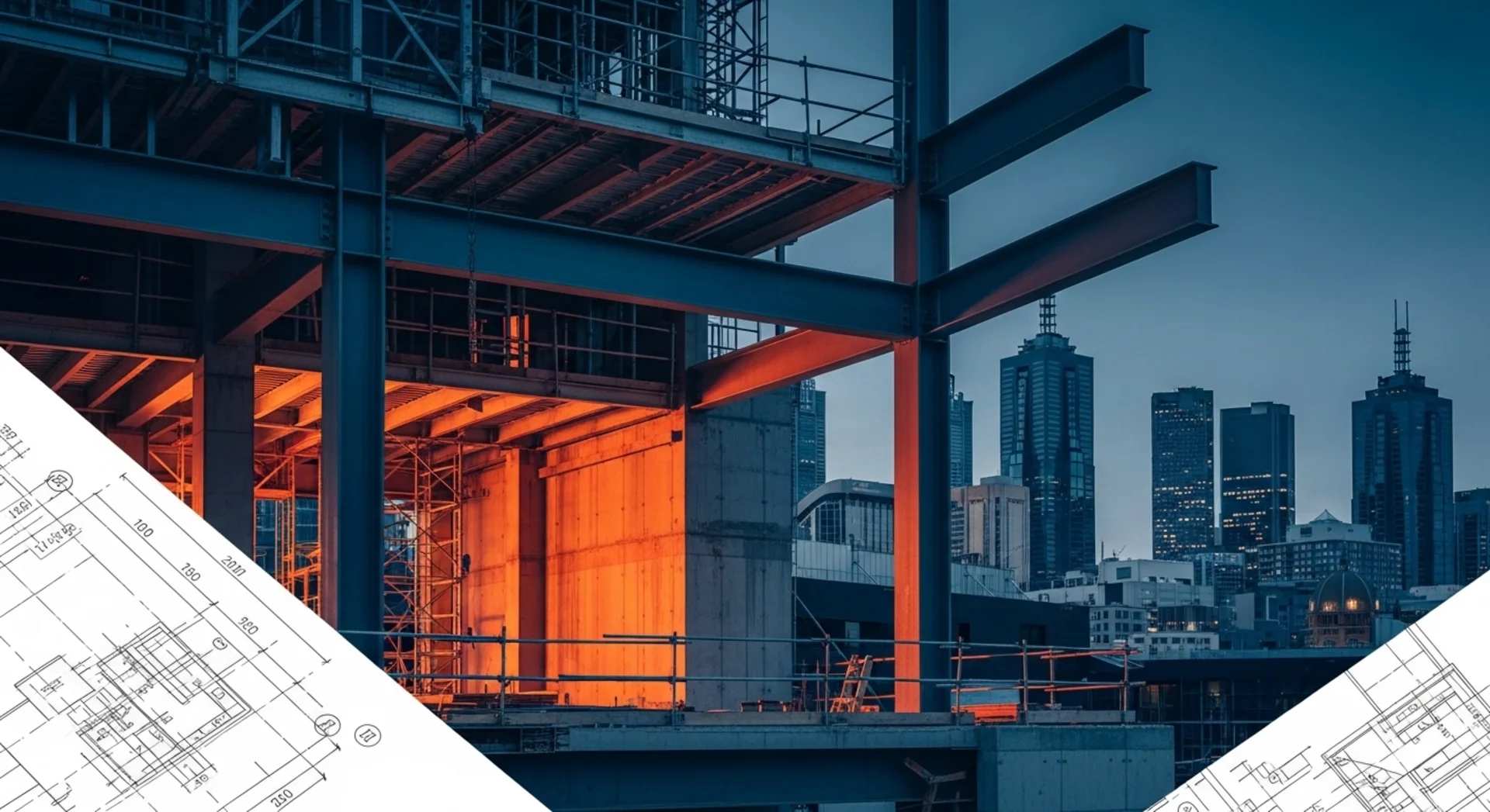 Concrete structural design plan with modern building framework and engineering drawings